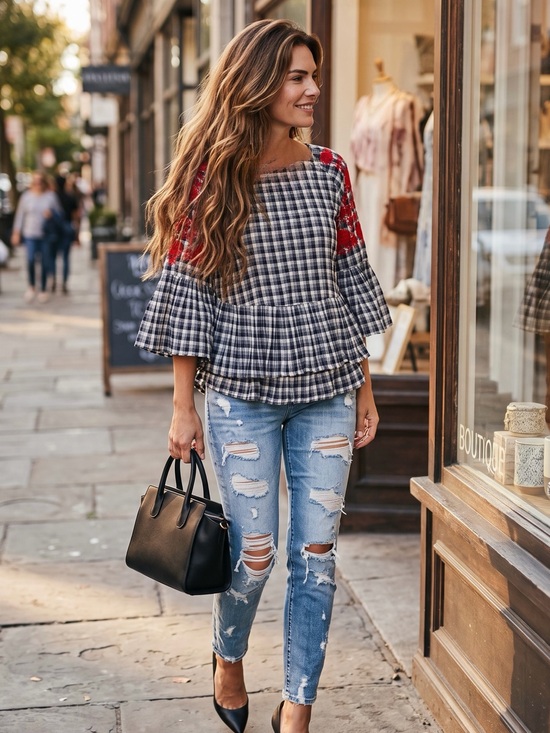 entro Tops - entro Black-and-White Plaid Peplum Top with Red Floral Shoulders
